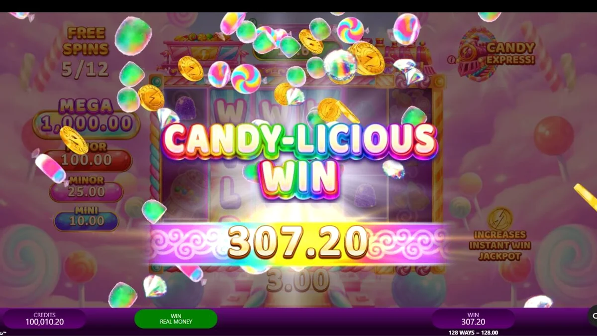 Giao diện trò chơi Candy Express Gold Blitz với các biểu tượng kẹo đầy màu sắc