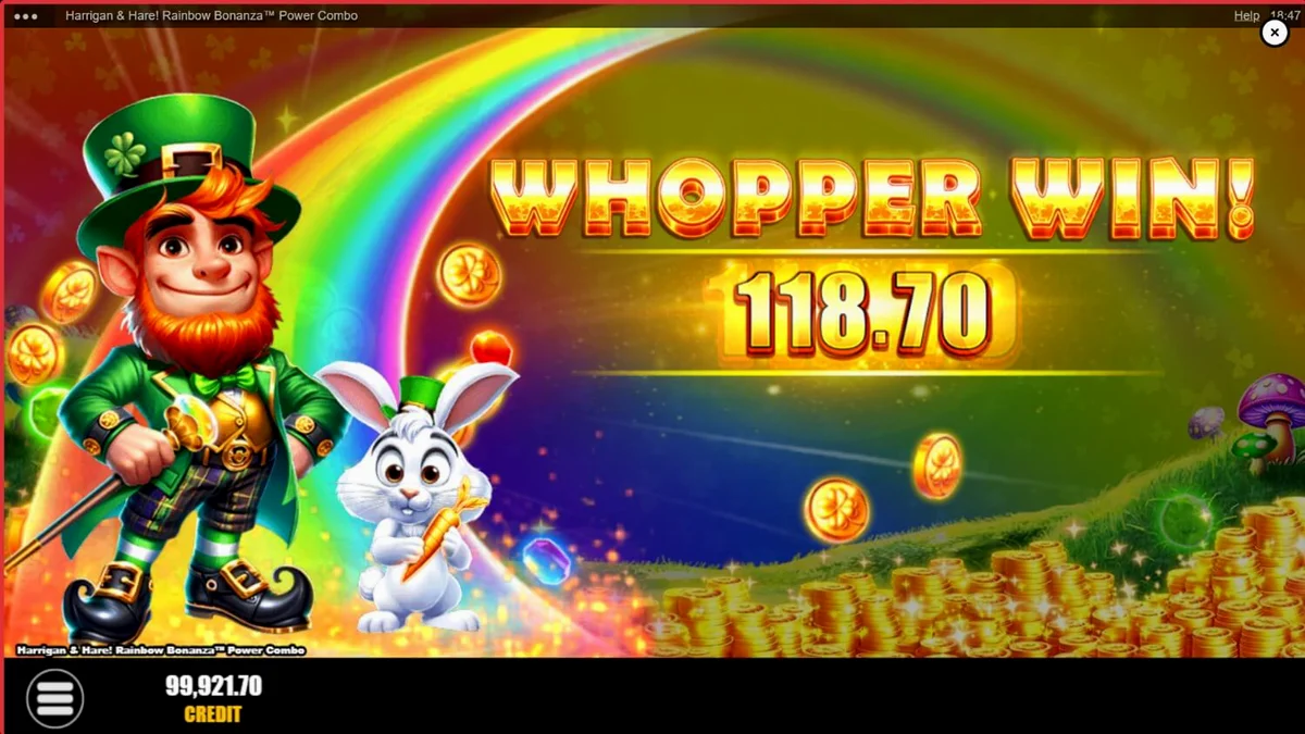 Giao diện trò chơi slot Harrigan & Hare Rainbow Bonanza Power Combo với phong cảnh Ireland rực rỡ
