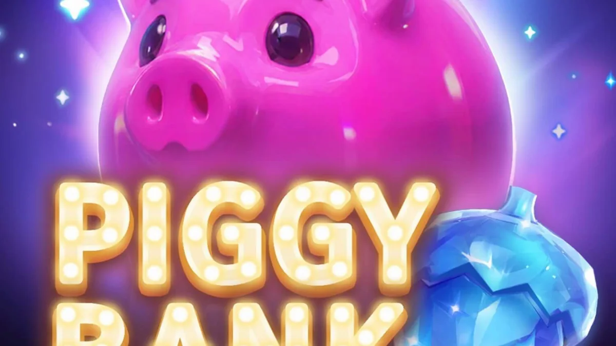 Giao diện trò chơi Piggy Bank Hold & Win với các chú heo đất neon và đồng xu vàng