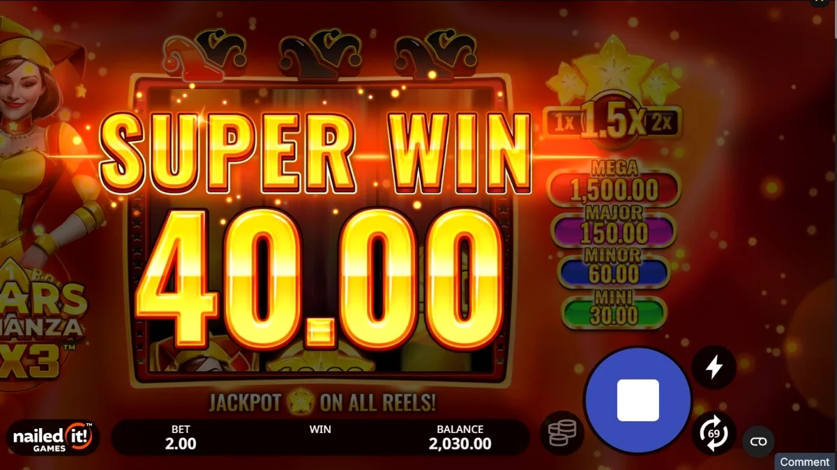 Giao diện trò chơi slot Stars Bonanza 3x3 với các biểu tượng trái cây và nữ Joker