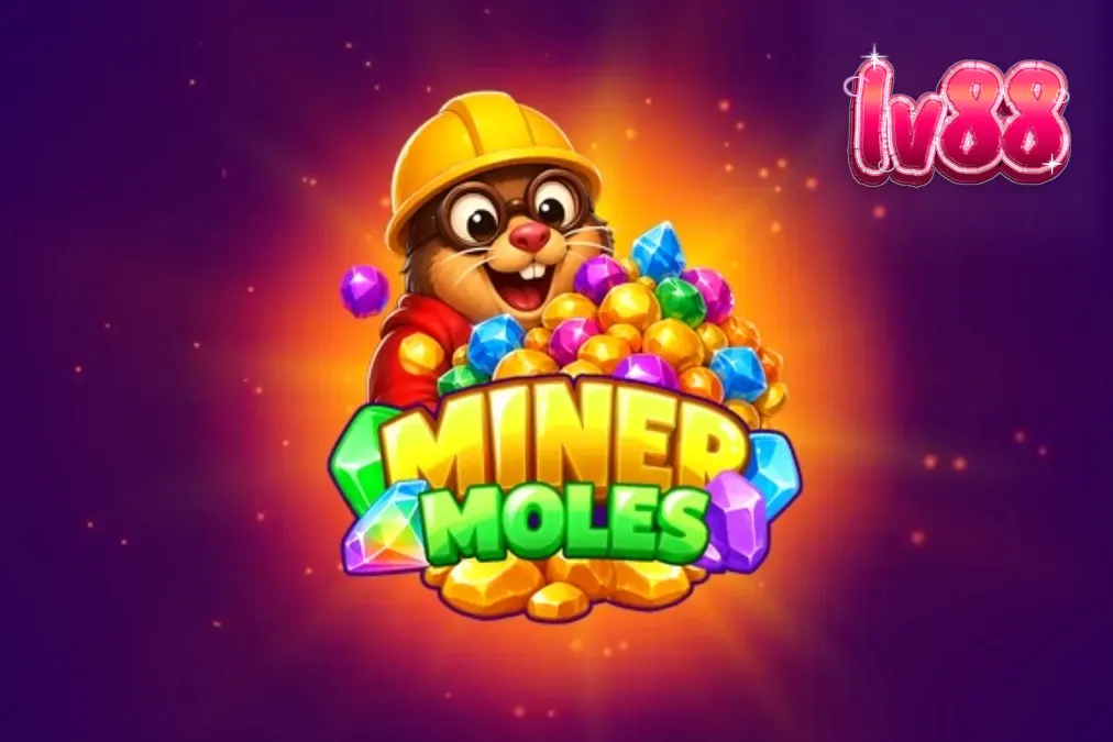 Giao diện trò chơi slot Miner Moles với các nhân vật chuột chũi và lưới cluster-pays